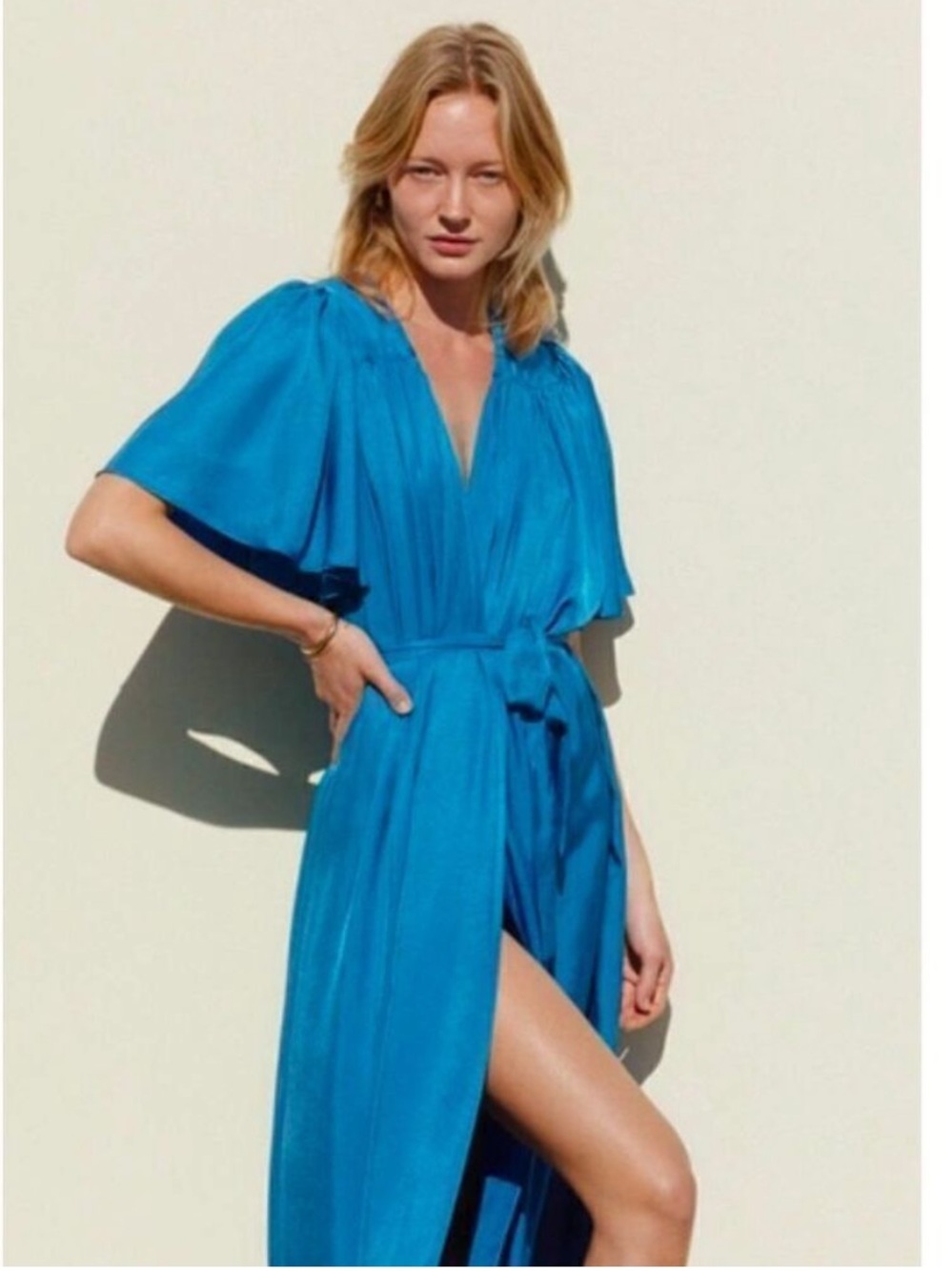 Ciao Lucia Serafina Satin Tie Wrap Midi Dress Flutter Short Sleeve V Lapis Blue - Picture 5 of 11